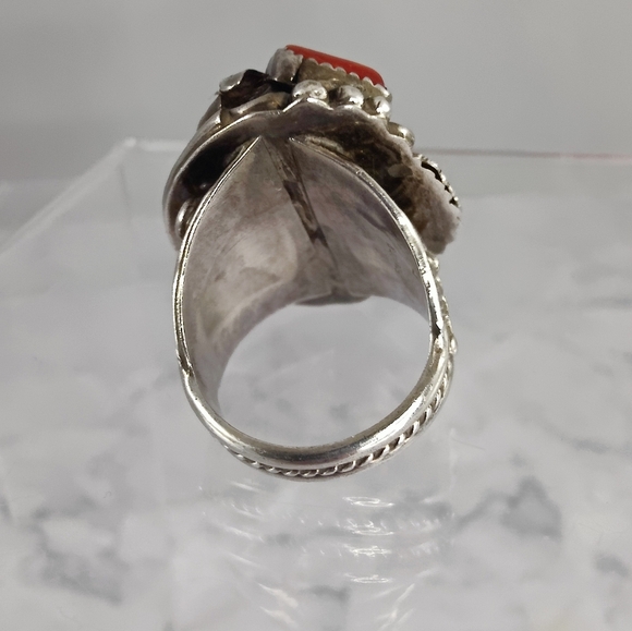 Zuni Sterling Silver Ring Size 11 Turquoise, Coral Bennie Bowekaty - Picture 4 of 12